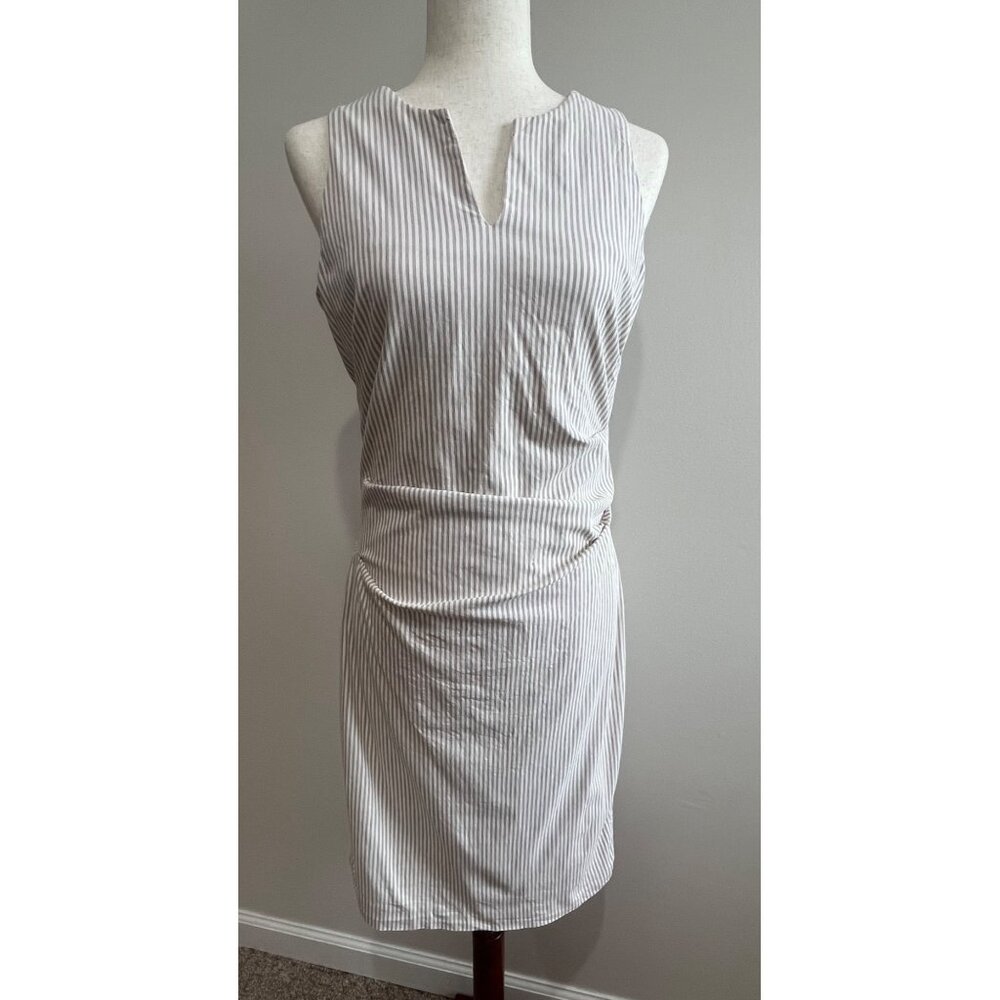 Sara Campbell Sheath Ruched Sleeveless Dress Womens 10 Tan Stripe Fitted Coastal